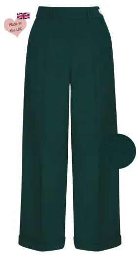 1930s and 40s Classic High Waist Wide Leg Trousers in Bottle Green