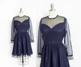 1960s Dress Navy Blue Illusion Chiffon Full Skirt S