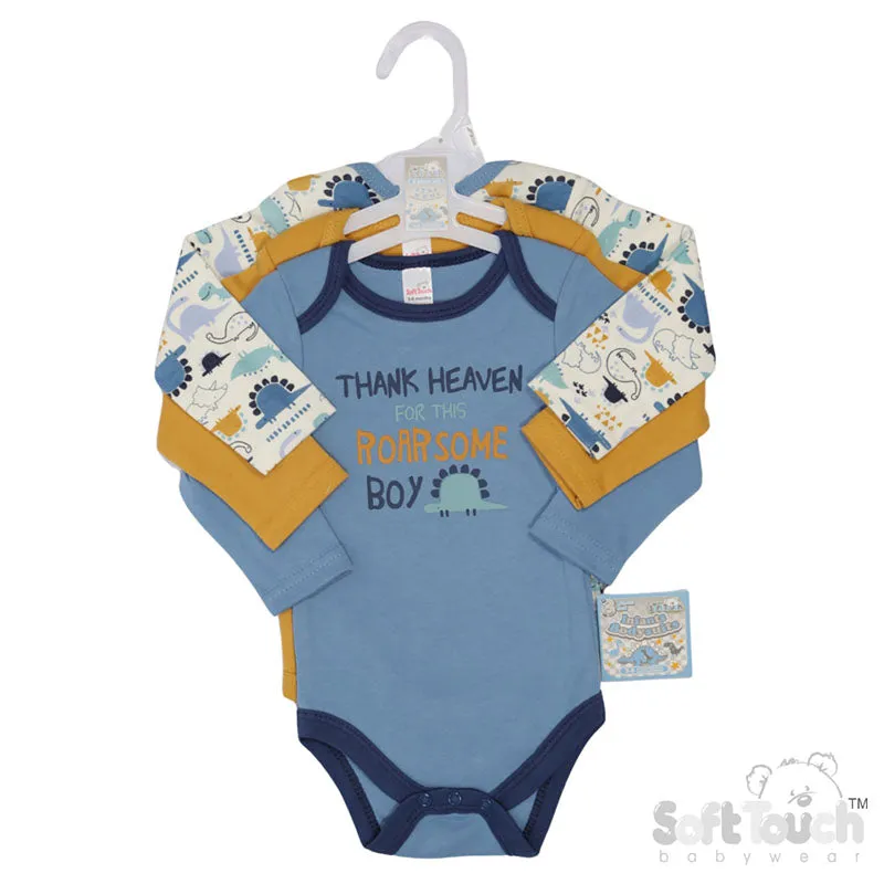 3 PACK LONG SLEEVED BODYSUITS - Dinosaur (Pack Of 6) (0-6 Months)  CC212-BS