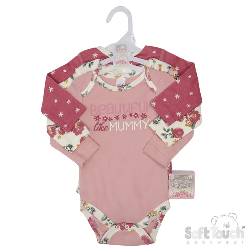 3 PACK LONG SLEEVED BODYSUITS - FLORAL/BEAUTIFUL (Pack Of 6) (0-6 Months) CC210-BS