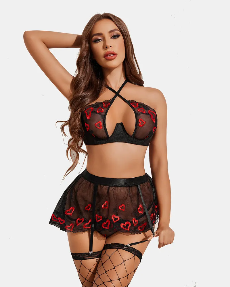 3 Piece Lace Floral Push Up Lingerie Set