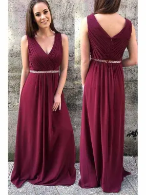 A-line Burgundy Chiffon Cheap Long Bridesmaid Dresses, BG171