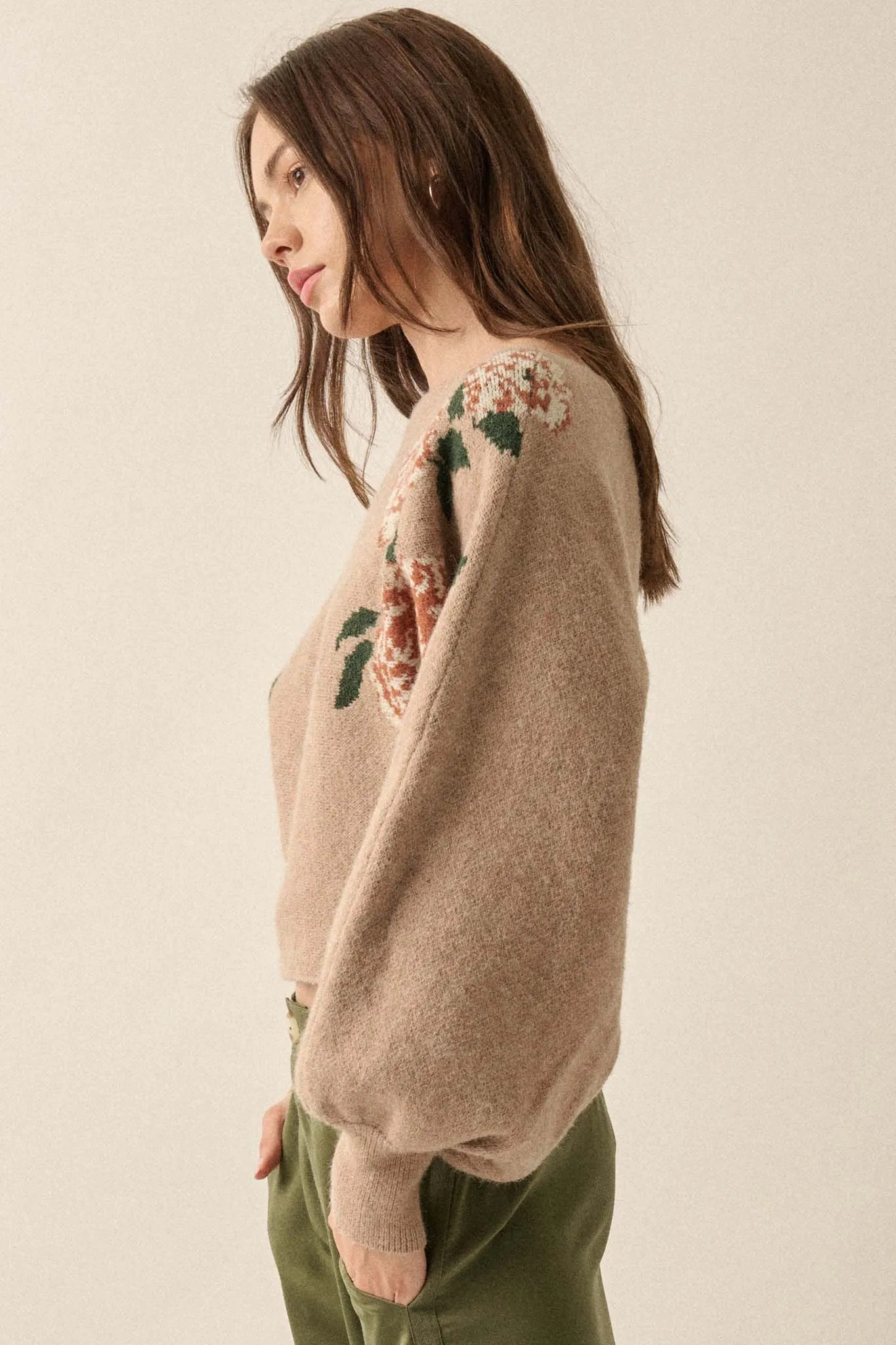 Autumn Blooms Floral Knit Boat Neck Sweater