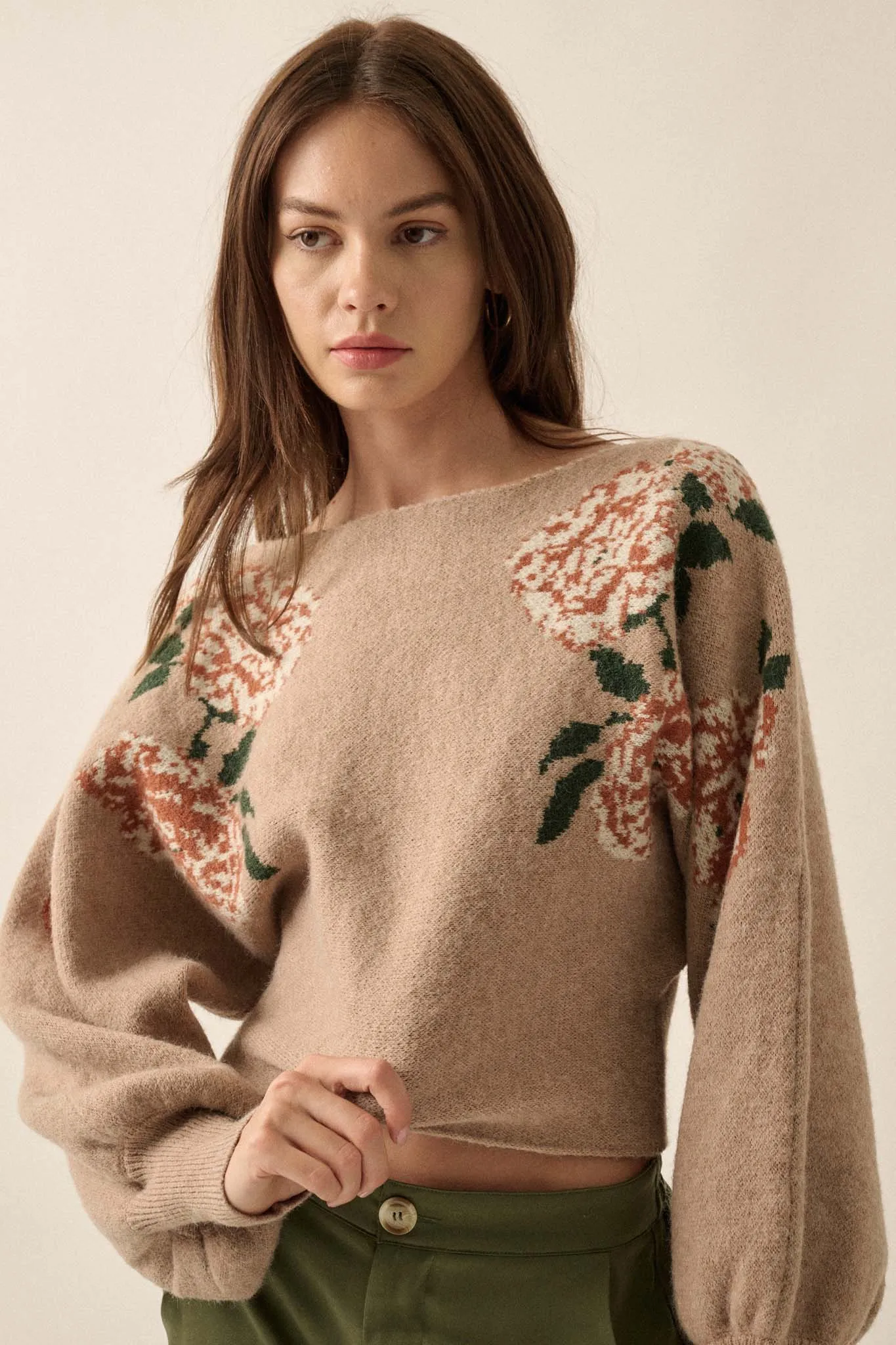 Autumn Blooms Floral Knit Boat Neck Sweater