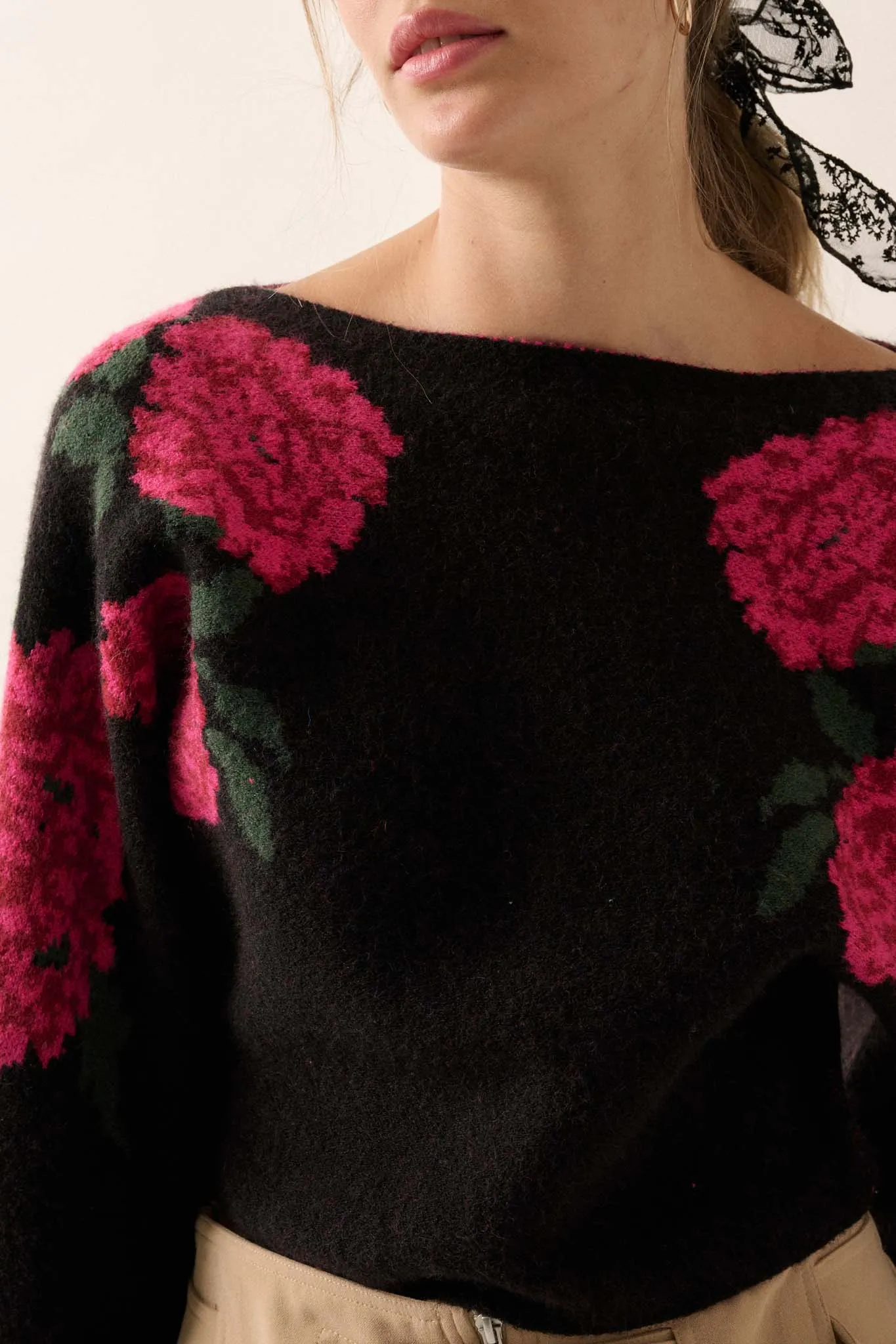 Autumn Blooms Floral Knit Boat Neck Sweater