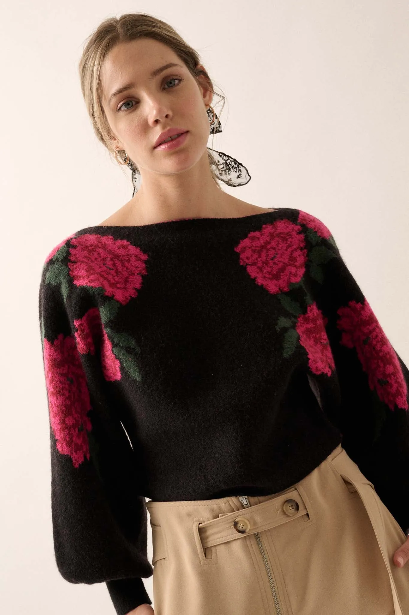 Autumn Blooms Floral Knit Boat Neck Sweater