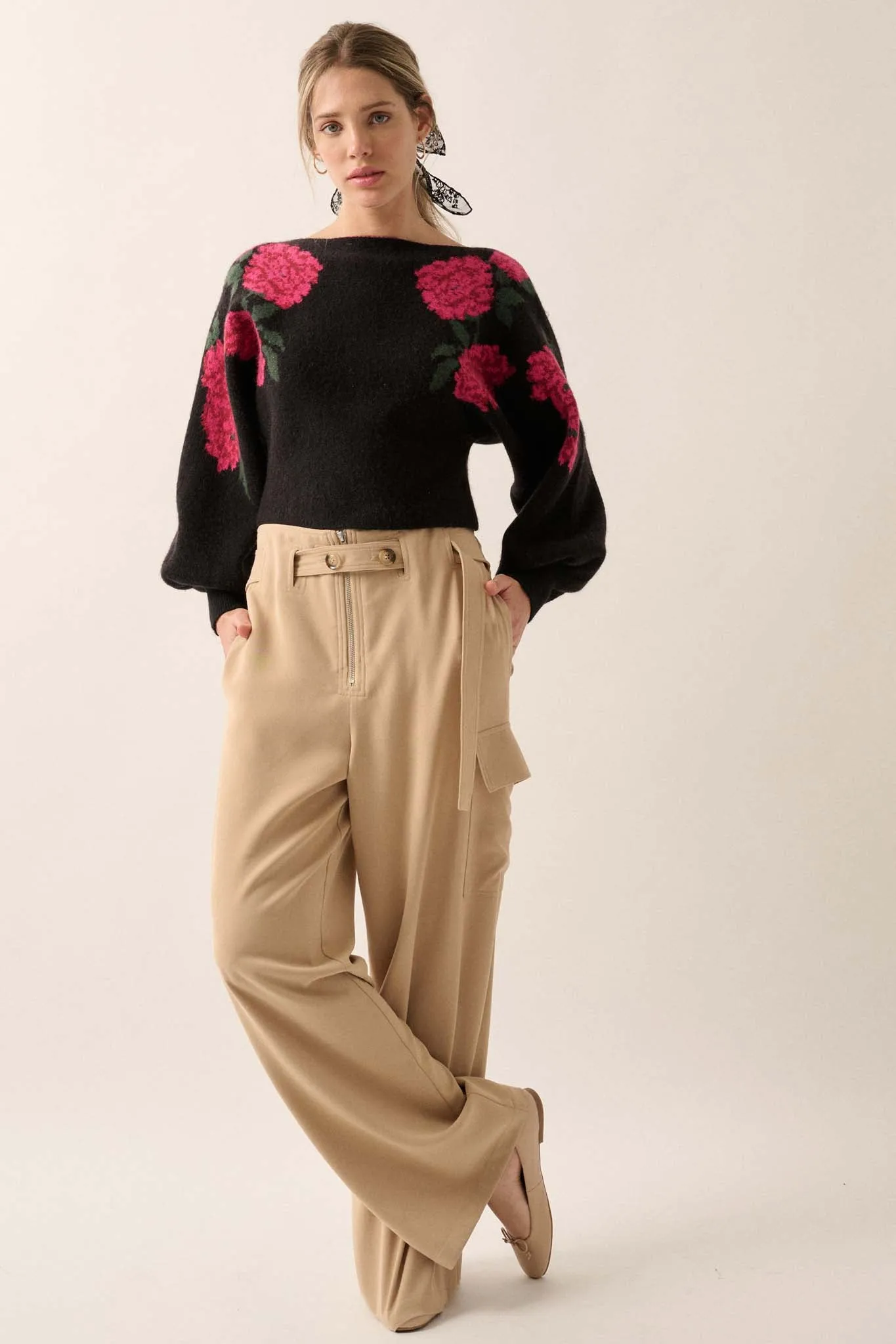 Autumn Blooms Floral Knit Boat Neck Sweater