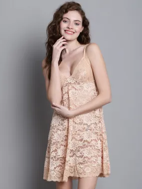 Babydoll Overall Lacy Dress - Beige