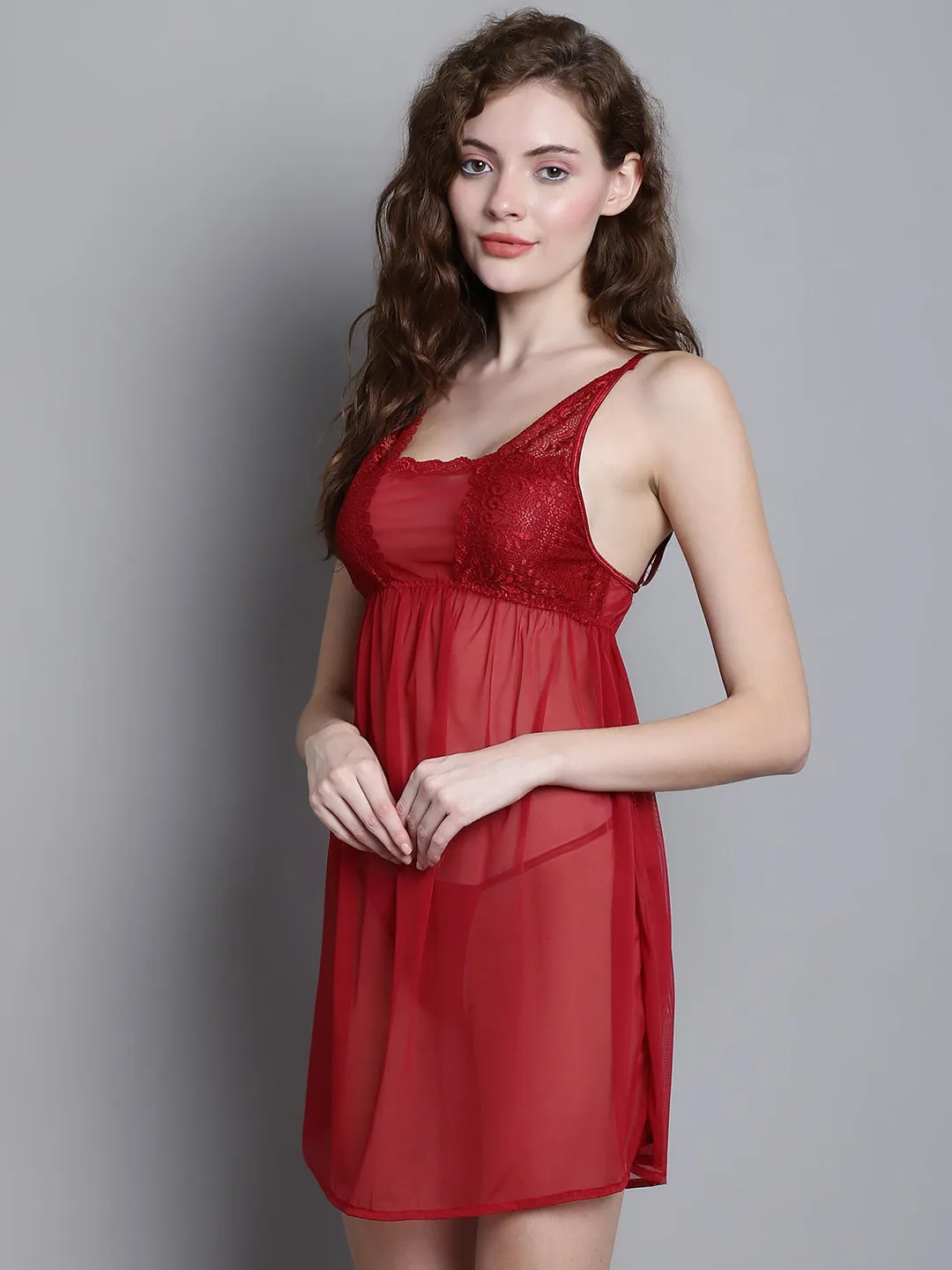 Babydoll Overall Sheer Dress - Red