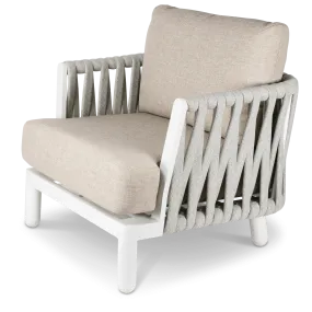 Bermuda Armchair with Sahara Sand Olefin Rope, Stone Olefin Cushions and Aluminium Frame