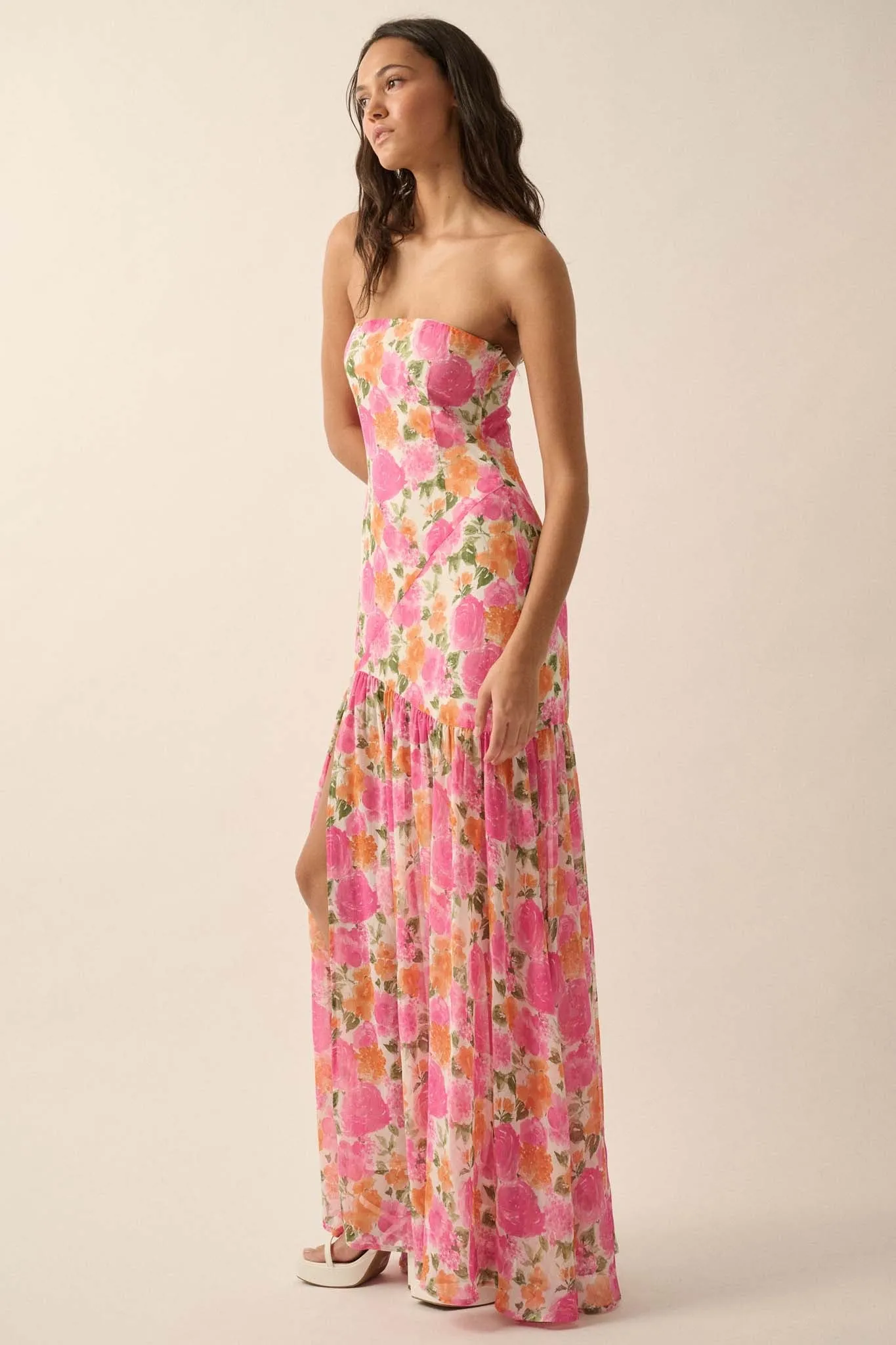 Bright Buds Strapless Floral Drop-Waist Maxi Dress