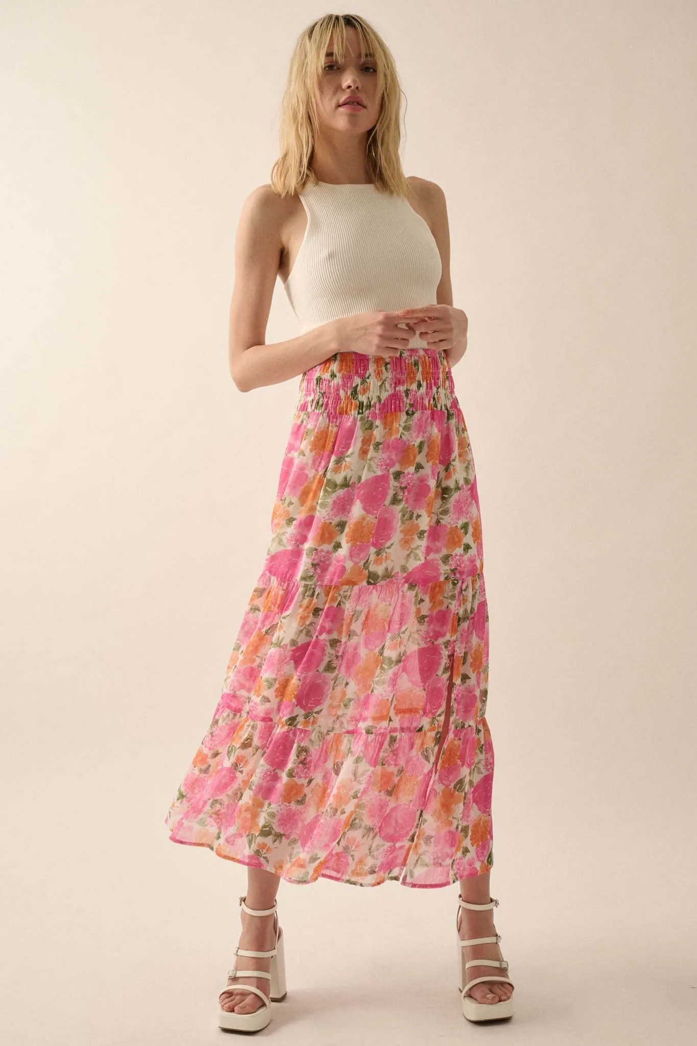 Brilliant Bouquet Tiered Floral Chiffon Maxi Skirt