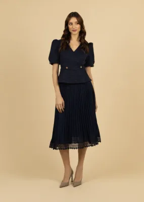 Fee G Taylor Skirt Pleated Plisse Midi Skirt in Navy