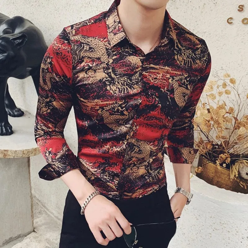 Men's Slim Fit Dragon Print Dress Shirt – Long Sleeve Button-Down Collar Business Shirt