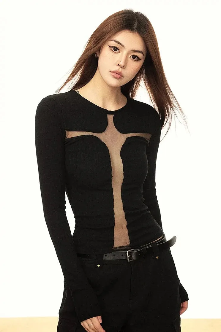 Mesh Panel Cross-Cutout Long Sleeve Crop Top