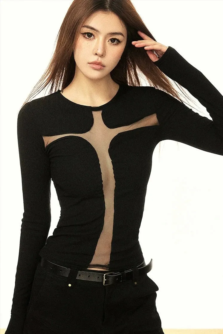 Mesh Panel Cross-Cutout Long Sleeve Crop Top