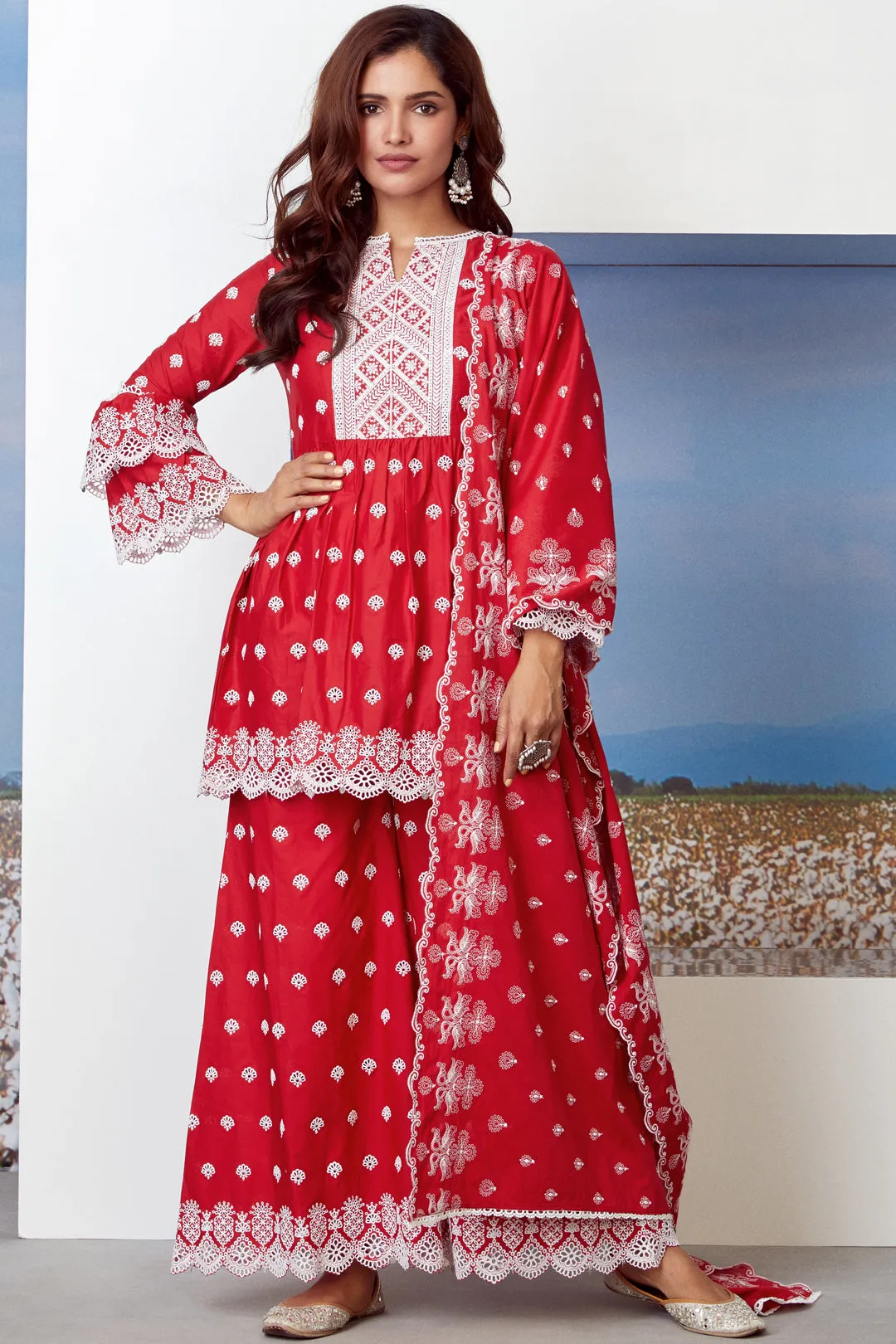 Mulmul Cotton Brazen Red Kurta With Brazen Red Sharara