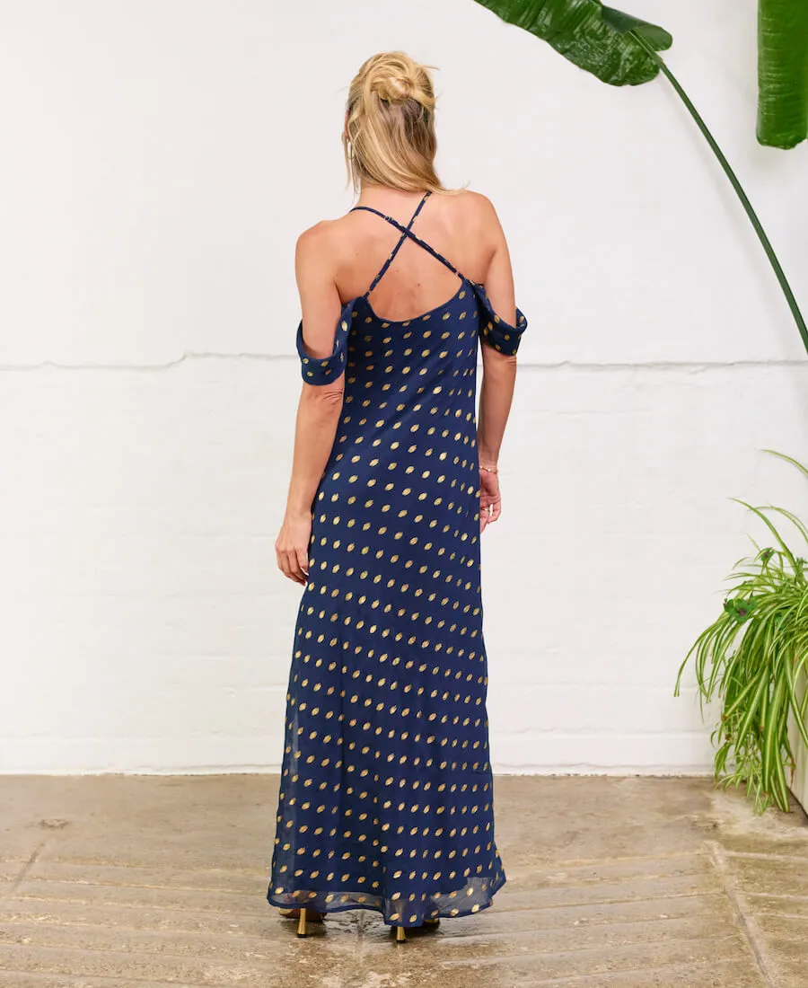 Navy Foil Cold Shoulder Maxi Dress