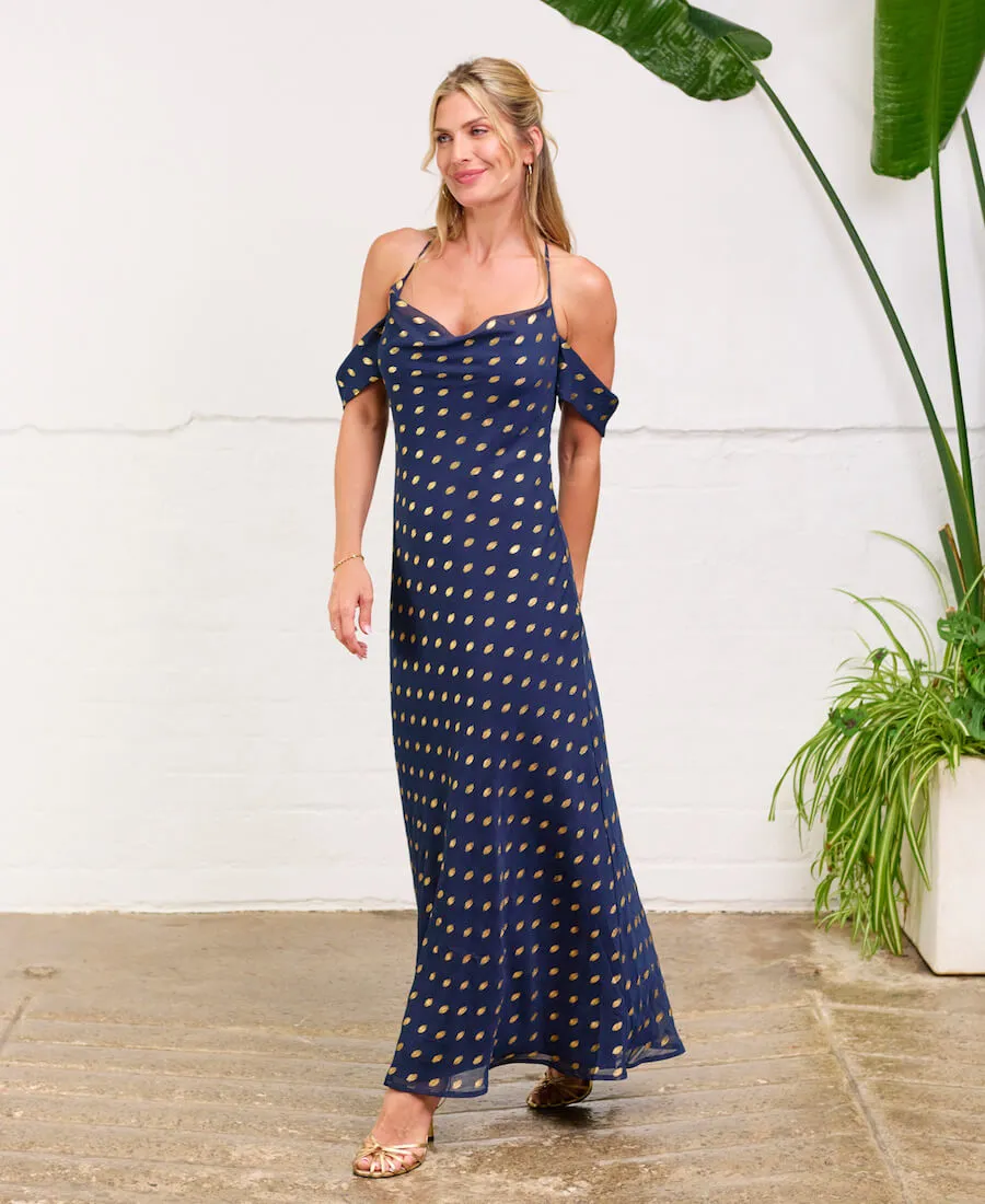 Navy Foil Cold Shoulder Maxi Dress