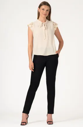 Necktie Blouse with Lace Cap Sleeves