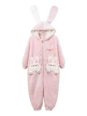 Pink Bunny Cozy Dreamy Winter Fleece One-Piece Pajama