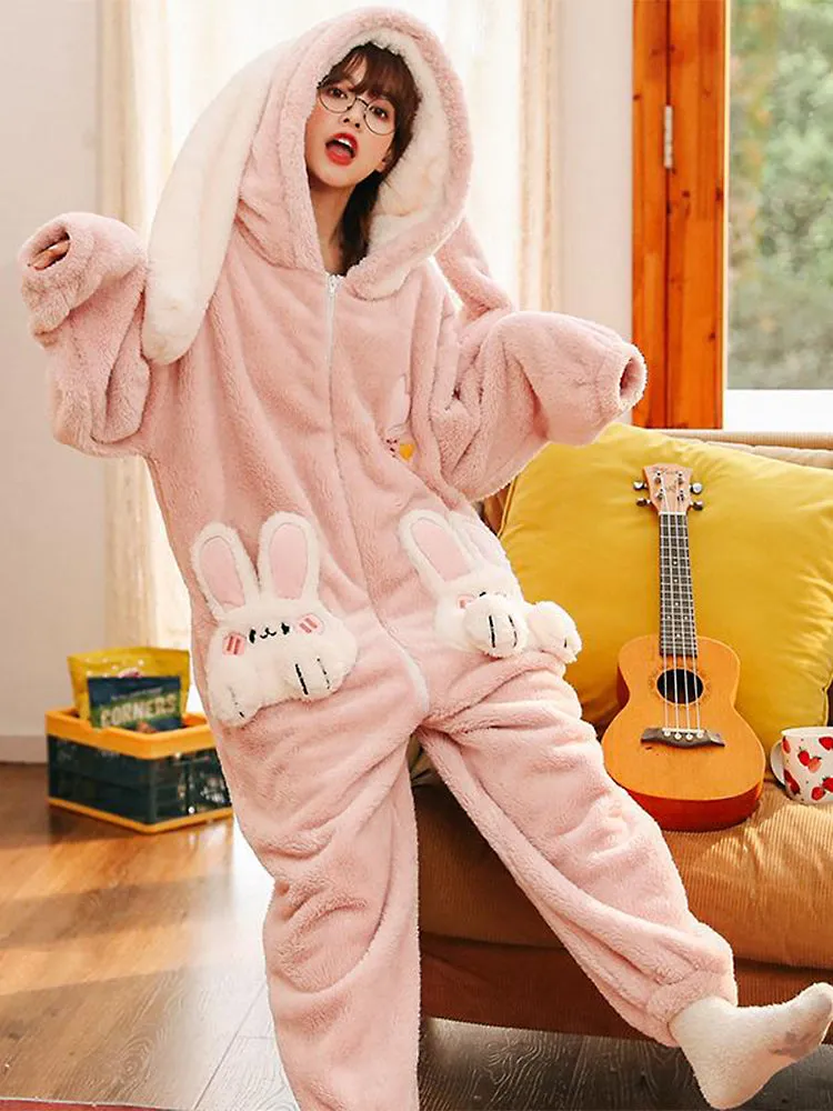 Pink Bunny Cozy Dreamy Winter Fleece One-Piece Pajama