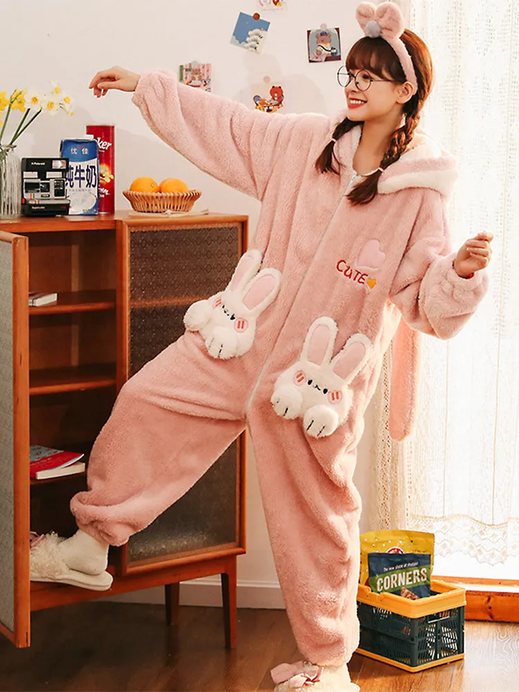 Pink Bunny Cozy Dreamy Winter Fleece One-Piece Pajama