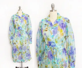 Vintage 1960s Dress Blue Floral Nylon Chiffon Shirtwaist 70s Small