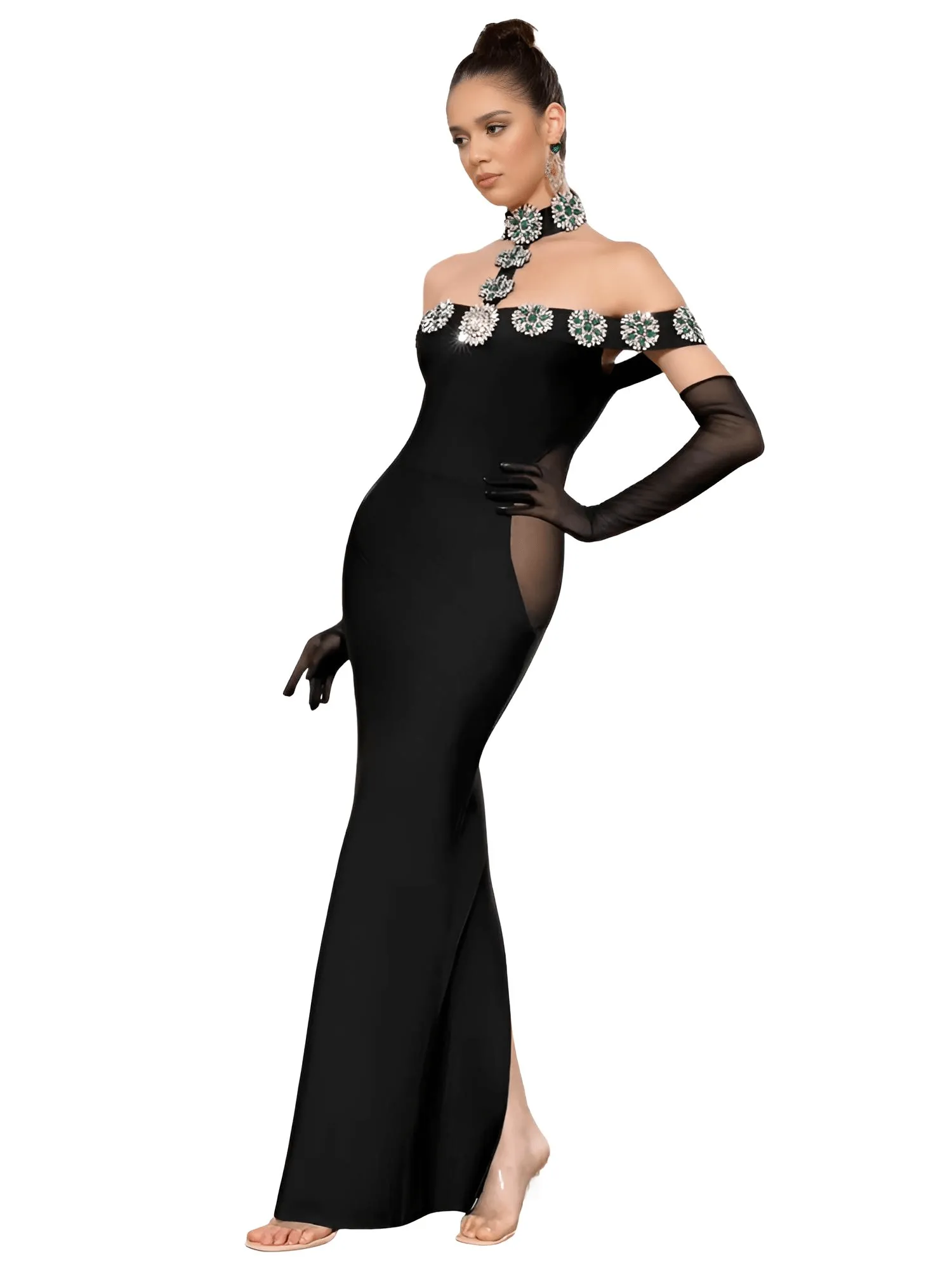 Women's Celebrity Sexy Diamonds Dress Crystal Black Maxi Long Bodycon Elegant Evening Club Party Dress